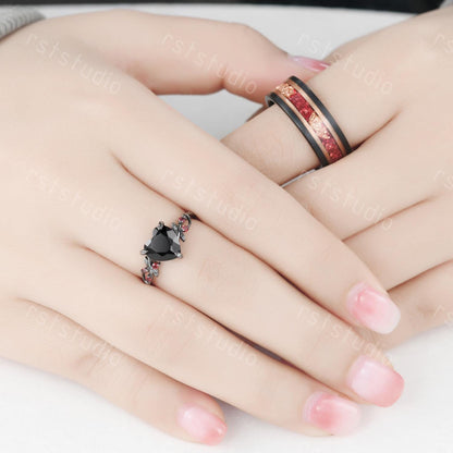 Gothic Black Onyx Heart Ring Set: Tungsten Wedding Band, Garnet Accent