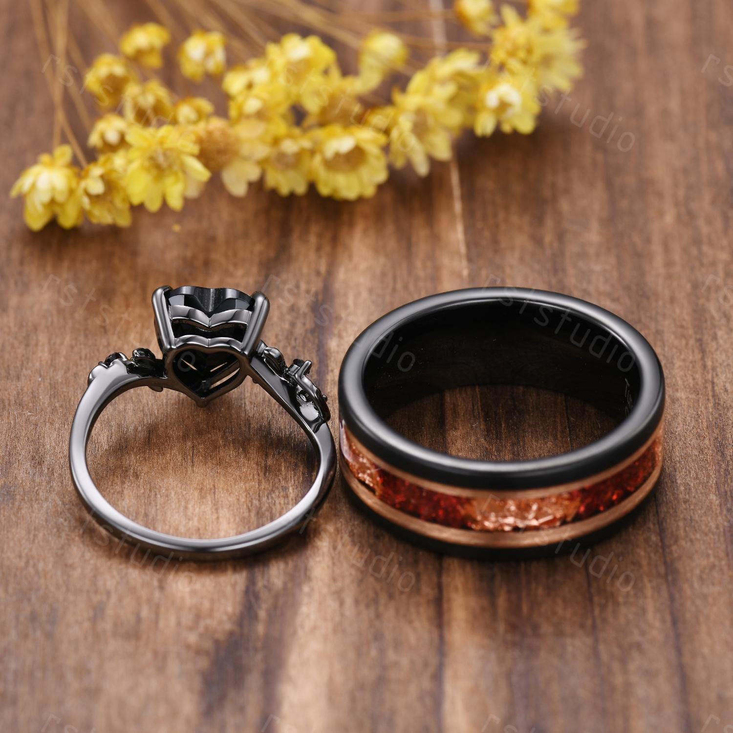 Gothic Black Onyx Heart Ring Set: Tungsten Wedding Band, Garnet Accent