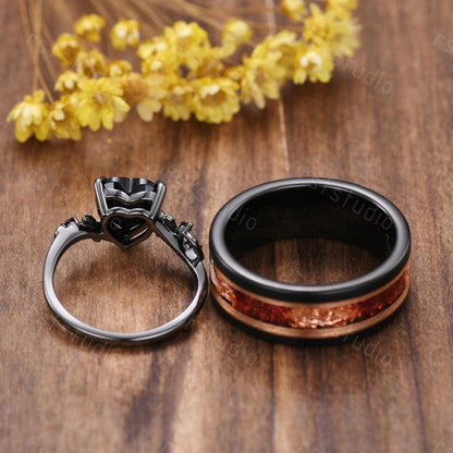 Gothic Black Onyx Heart Ring Set: Tungsten Wedding Band, Garnet Accent