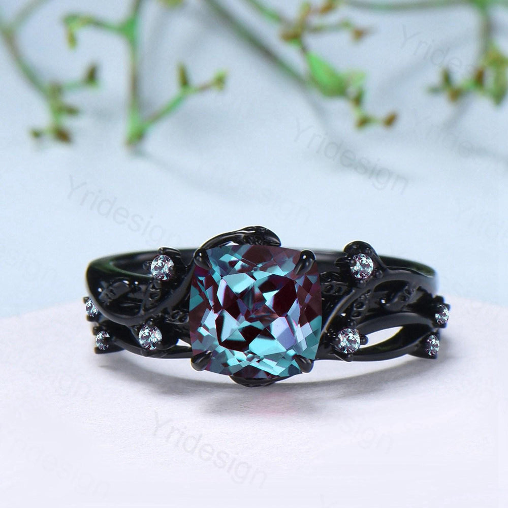 Nature inspired cushion cut alexandrite wedding ring set black gold unique gothic alexandrite engagement ring evil eye bridal set for women - PENFINE