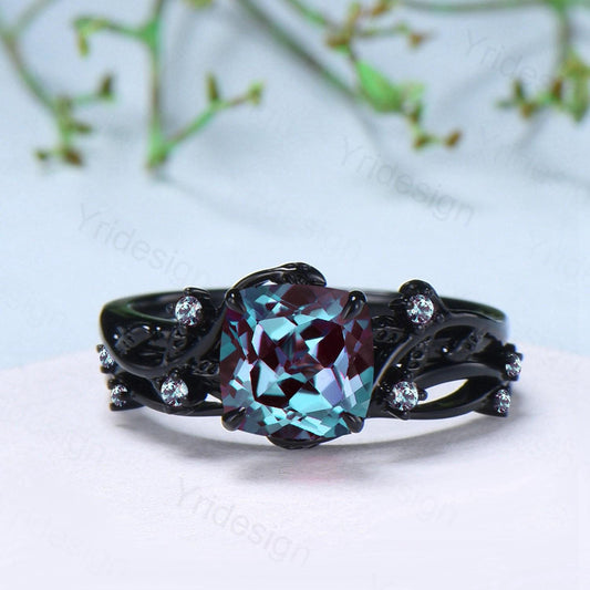 Nature inspired cushion cut alexandrite wedding ring set black gold unique gothic alexandrite engagement ring evil eye bridal set for women - PENFINE