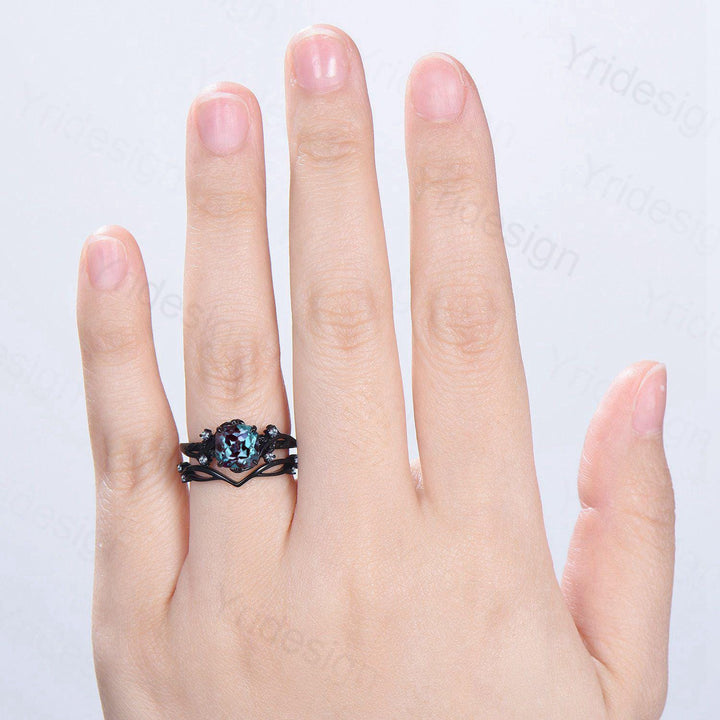 Nature inspired cushion cut alexandrite wedding ring set black gold unique gothic alexandrite engagement ring evil eye bridal set for women - PENFINE
