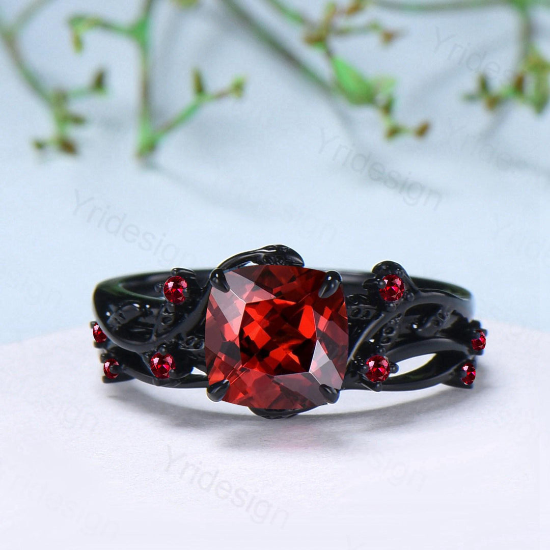 Unique gothic cushion cut garnet wedding ring set black gold natural inspired January birthstone engagement ring for women 2pcs bridal set - PENFINE