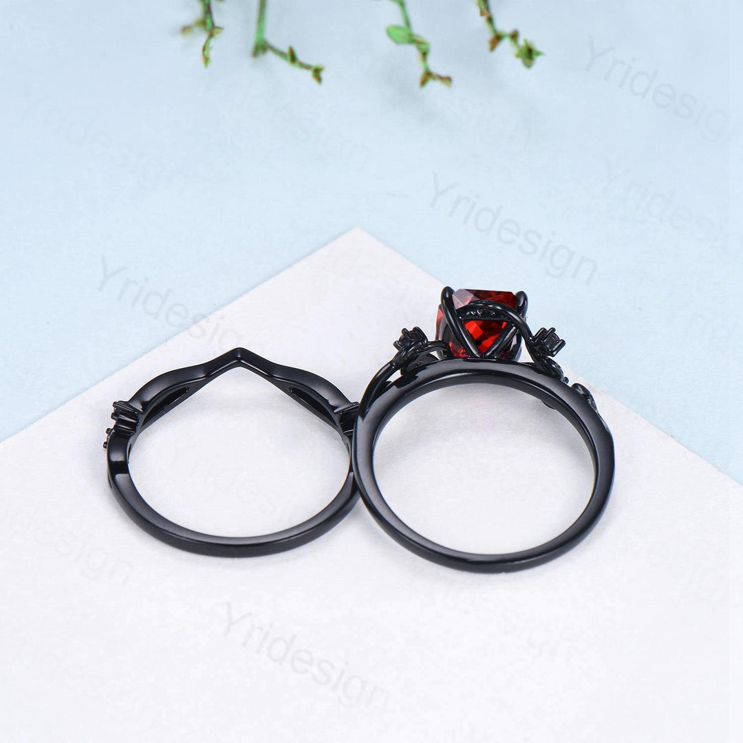 Unique gothic cushion cut garnet wedding ring set black gold natural inspired January birthstone engagement ring for women 2pcs bridal set - PENFINE