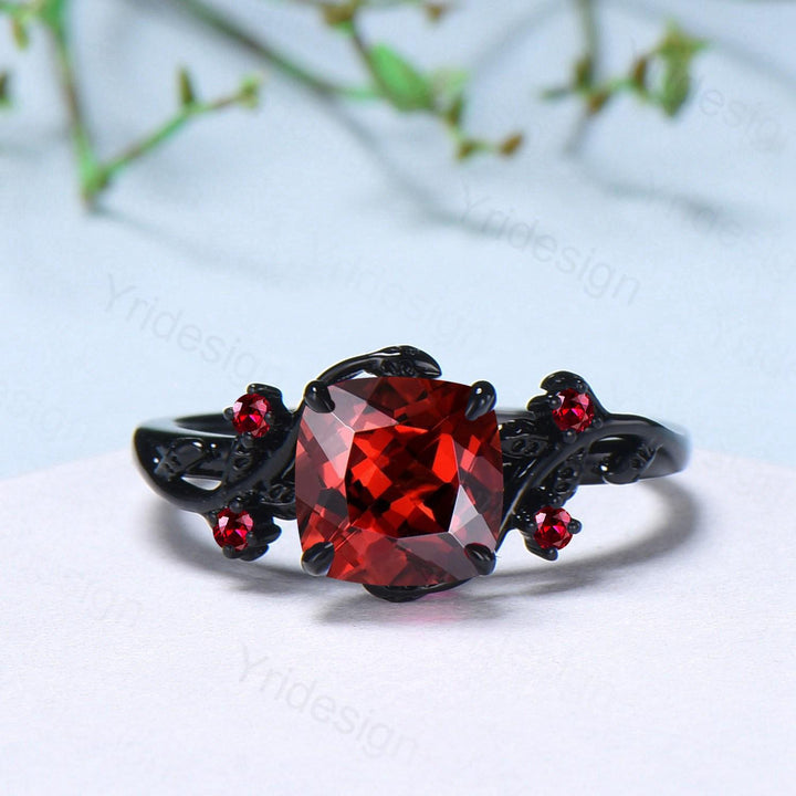 Unique gothic cushion cut garnet wedding ring set black gold natural inspired January birthstone engagement ring for women 2pcs bridal set - PENFINE