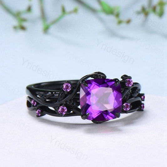 Unique gothic cushion cut amethyst wedding ring set black gold bridal set natural inspired February birthstone engagement ring for daughter - PENFINE