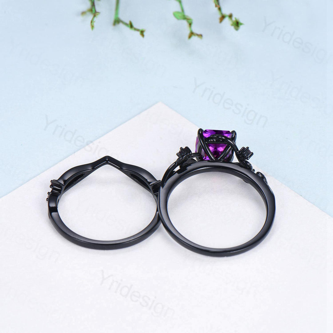 Unique gothic cushion cut amethyst wedding ring set black gold bridal set natural inspired February birthstone engagement ring for daughter - PENFINE