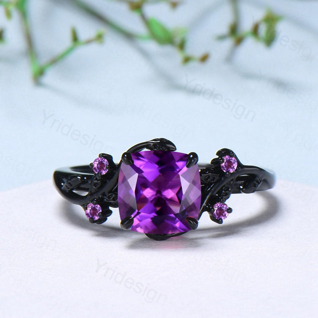 Unique gothic cushion cut amethyst wedding ring set black gold bridal set natural inspired February birthstone engagement ring for daughter - PENFINE