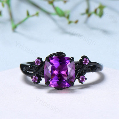 Unique gothic cushion cut amethyst wedding ring set black gold bridal set natural inspired February birthstone engagement ring for daughter - PENFINE