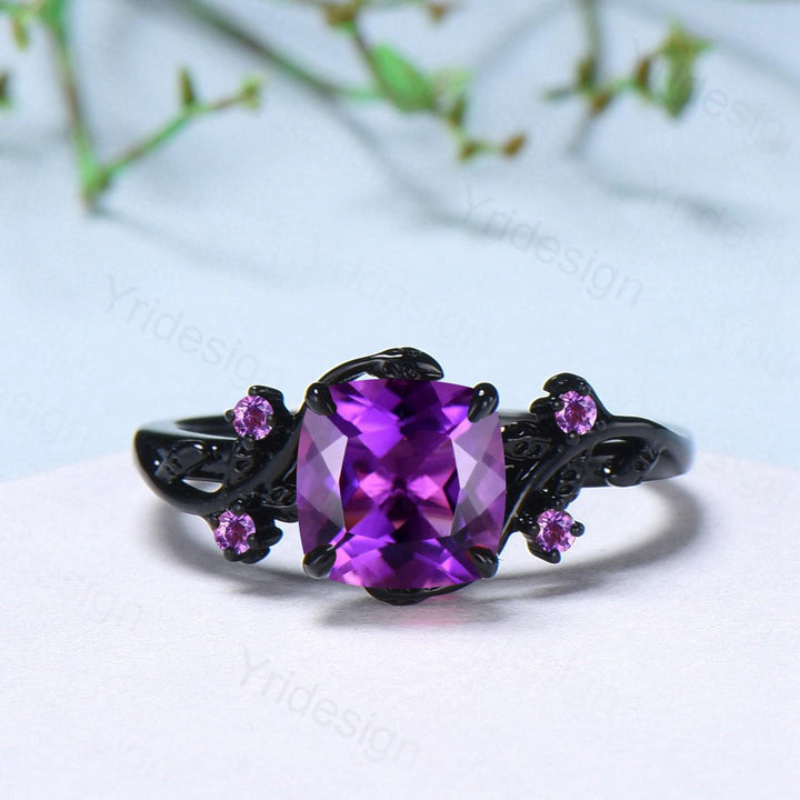 Unique gothic cushion cut amethyst wedding ring set black gold bridal set natural inspired February birthstone engagement ring for daughter - PENFINE