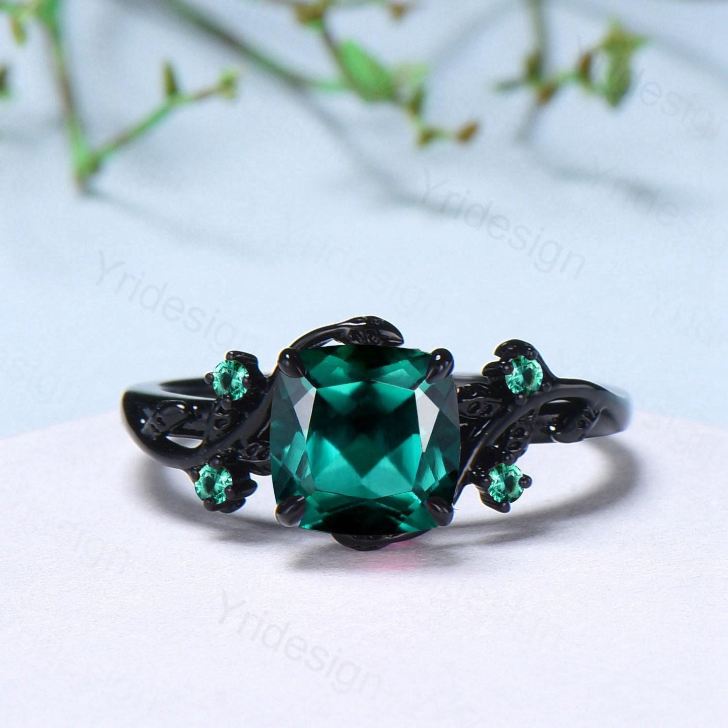 Unique gothic cushion cut emerald wedding ring set black gold natural inspired May birthstone engagement ring for women emerald bridal set - PENFINE