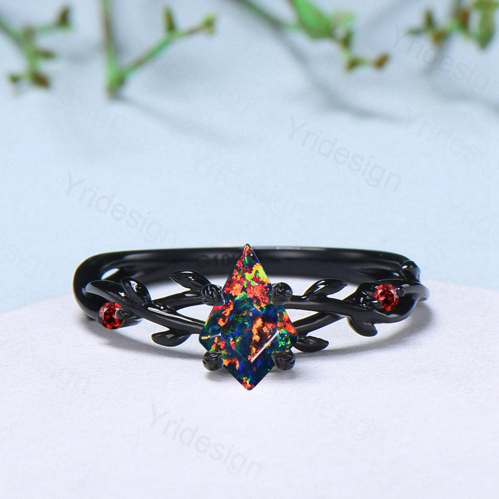 Black Gold Fire Opal Promise Ring Leaf Branch Black Opal Gothic Engagement Ring Nature Inspired Garnet Wedding Ring Twig Anniversary Gifts - PENFINE