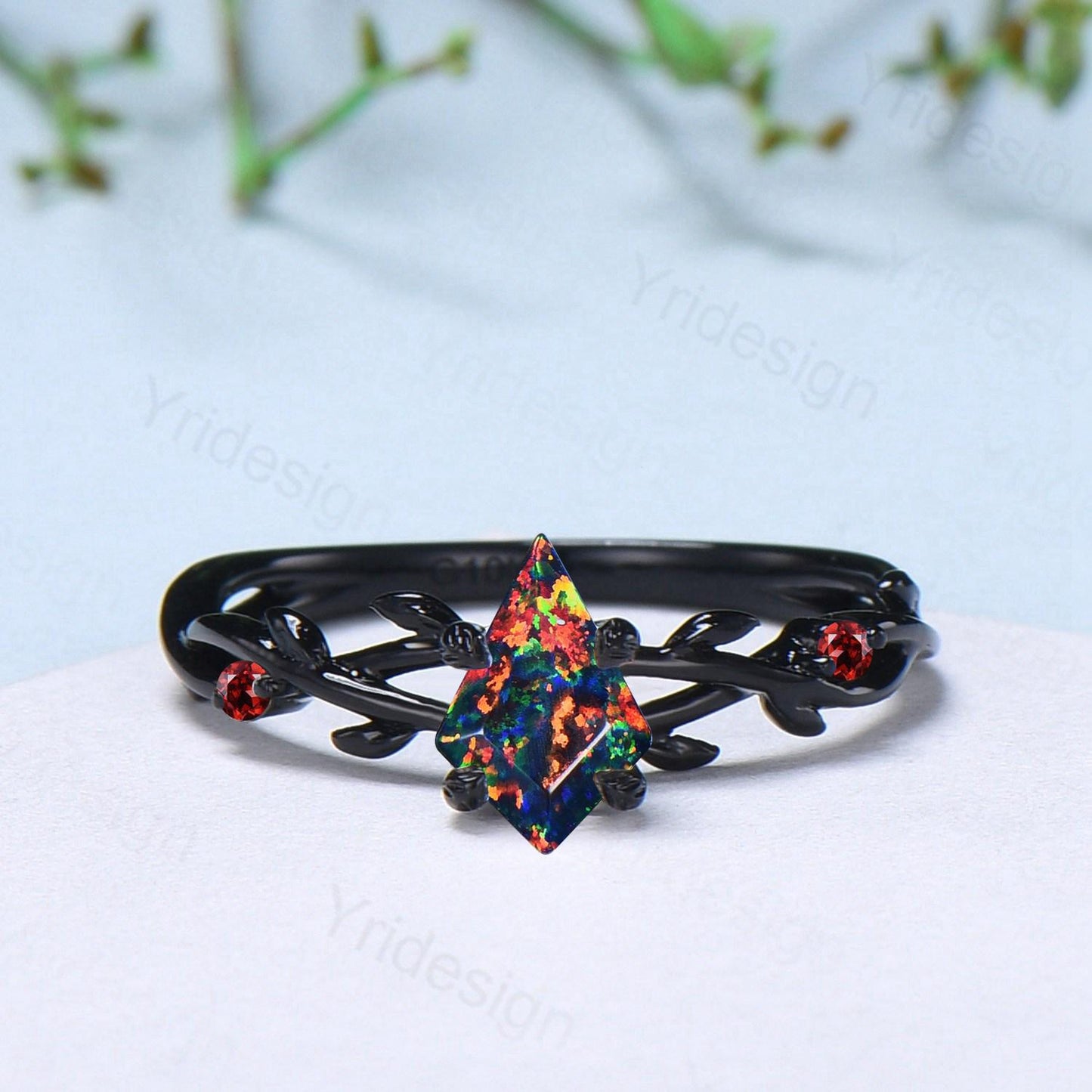 Black Gold Fire Opal Promise Ring Leaf Branch Black Opal Gothic Engagement Ring Nature Inspired Garnet Wedding Ring Twig Anniversary Gifts - PENFINE