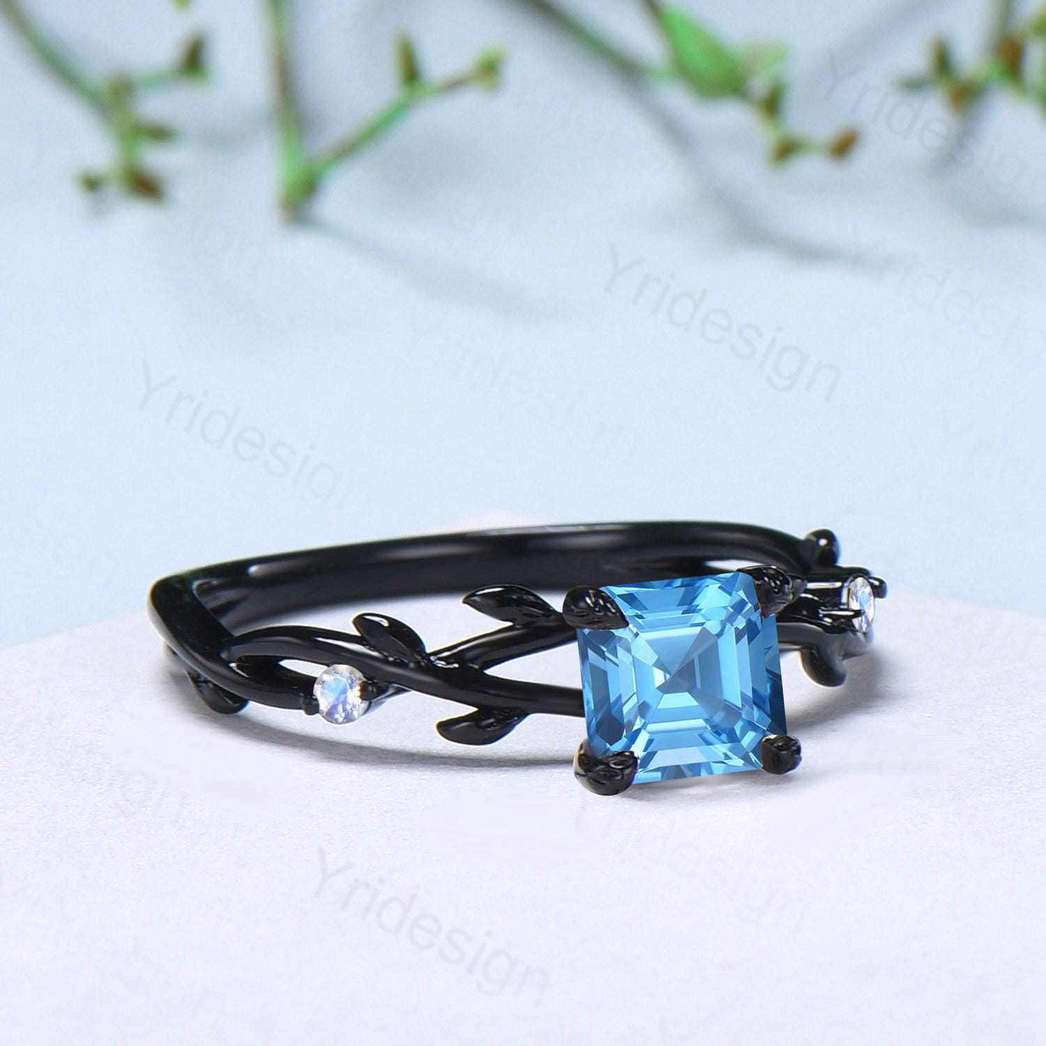 Elegant Asscher Swiss Topaz Ring Unique Black Gold Cluster Moonstone Gothic Engagement Ring Leaf Vine Wedding Ring Anniversary Proposal Gift - PENFINE