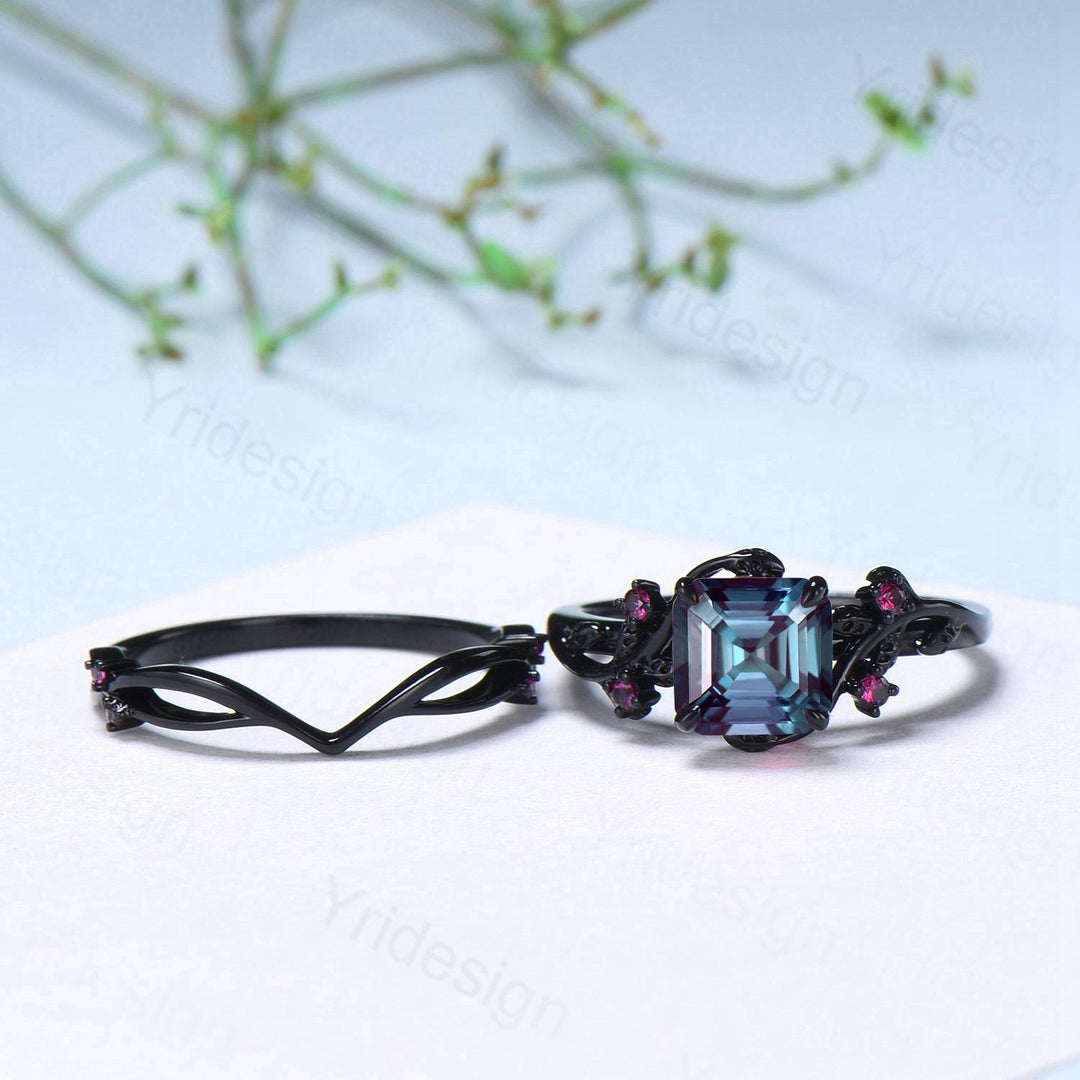 Unique gothic Asscher cut alexandrite engagement ring set black gold natural inspired alexandrite ruby wedding ring set leaf vine bridal set - PENFINE