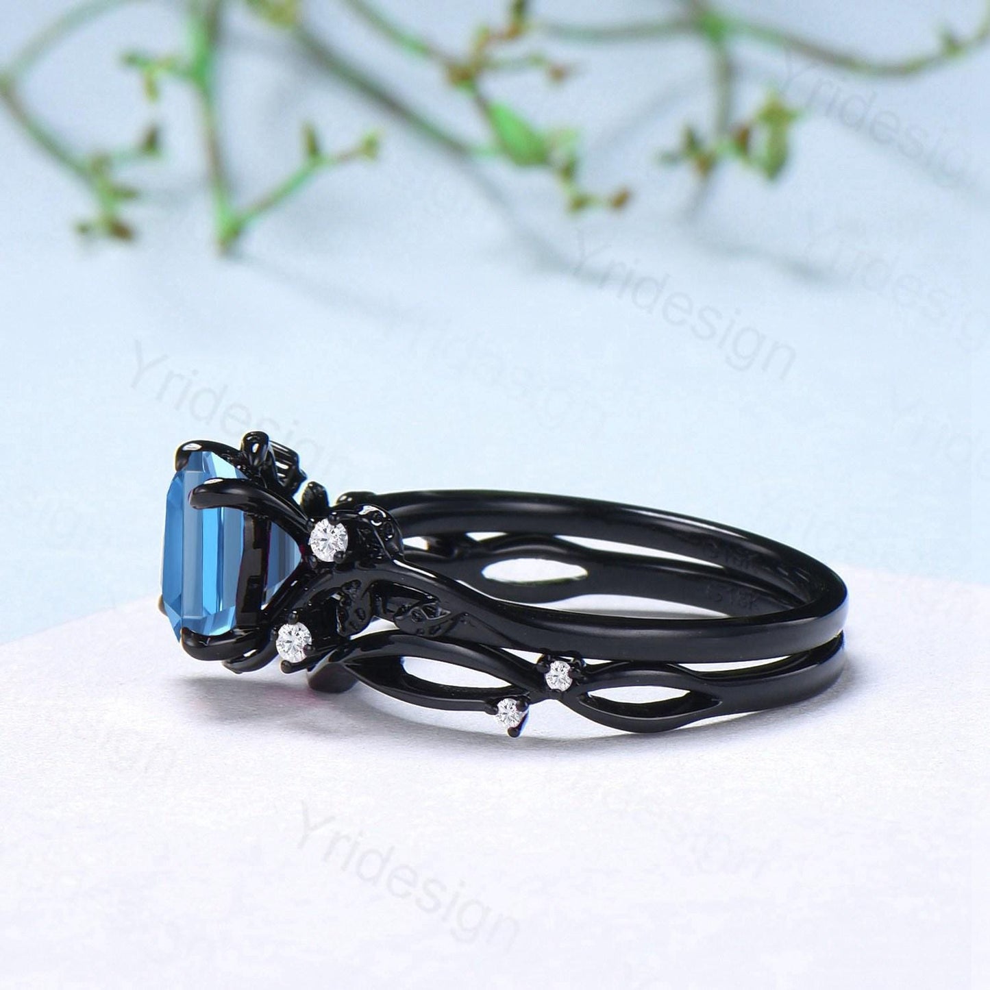 Unique gothic asscher cut swiss blue topaz wedding ring set black gold natural inspired engagement ring topaz diamond anniversary bridal set - PENFINE