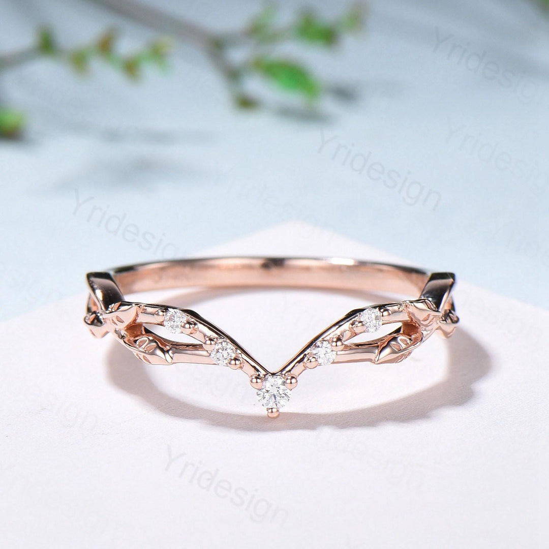 Rose Gold Diamond Curved Wedding Band Split Shank Moissanite