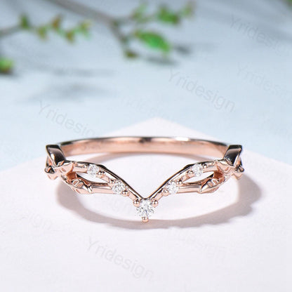Rose Gold Diamond Curved Wedding Band Split Shank Moissanite Promise Ring Leaf Vine Stackable Matching Band Evil Eye Five Stone Wedding Ring - PENFINE