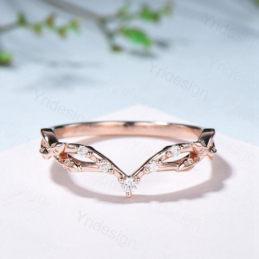 Rose Gold Diamond Curved Wedding Band Split Shank Moissanite Promise Ring Leaf Vine Stackable Matching Band Evil Eye Five Stone Wedding Ring - PENFINE