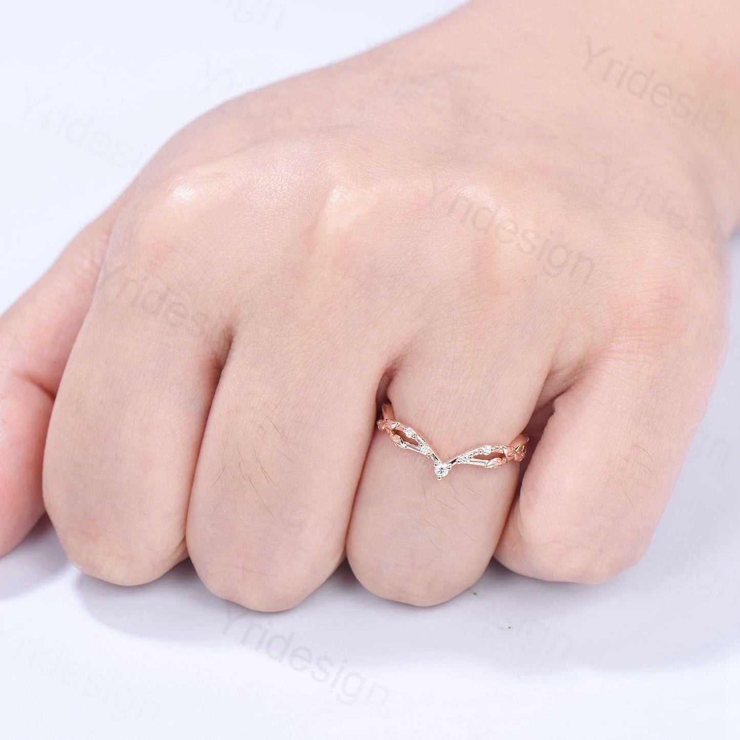 Rose Gold Diamond Curved Wedding Band Split Shank Moissanite Promise Ring Leaf Vine Stackable Matching Band Evil Eye Five Stone Wedding Ring - PENFINE