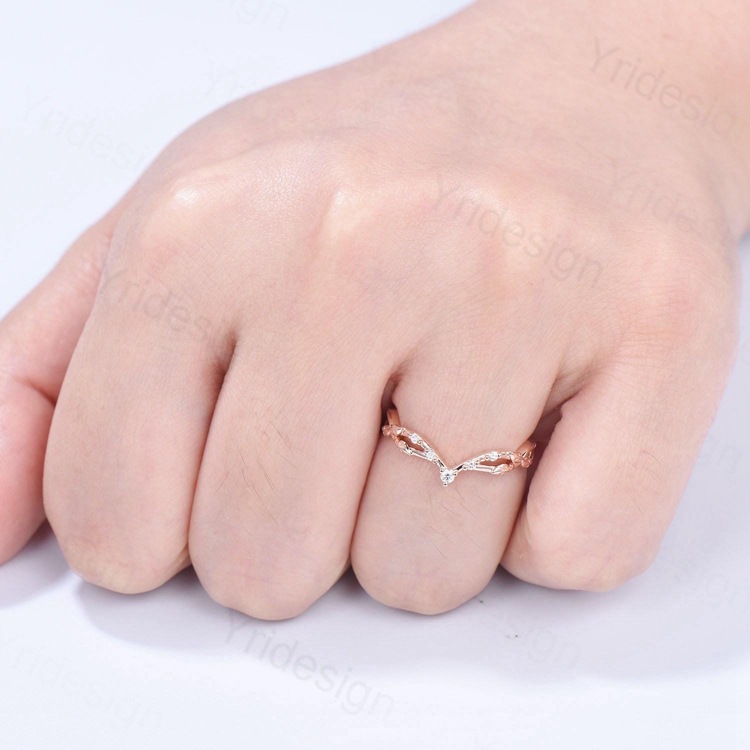 Rose Gold Diamond Curved Wedding Band Split Shank Moissanite Promise Ring Leaf Vine Stackable Matching Band Evil Eye Five Stone Wedding Ring - PENFINE
