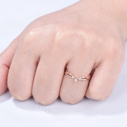 Rose Gold Diamond Curved Wedding Band Split Shank Moissanite Promise Ring Leaf Vine Stackable Matching Band Evil Eye Five Stone Wedding Ring - PENFINE