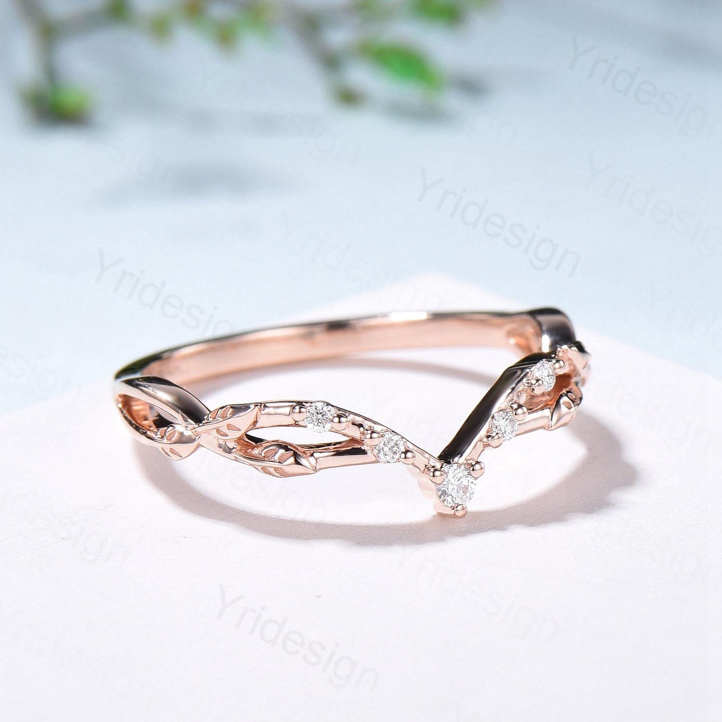 Rose Gold Diamond Curved Wedding Band Split Shank Moissanite Promise Ring Leaf Vine Stackable Matching Band Evil Eye Five Stone Wedding Ring - PENFINE