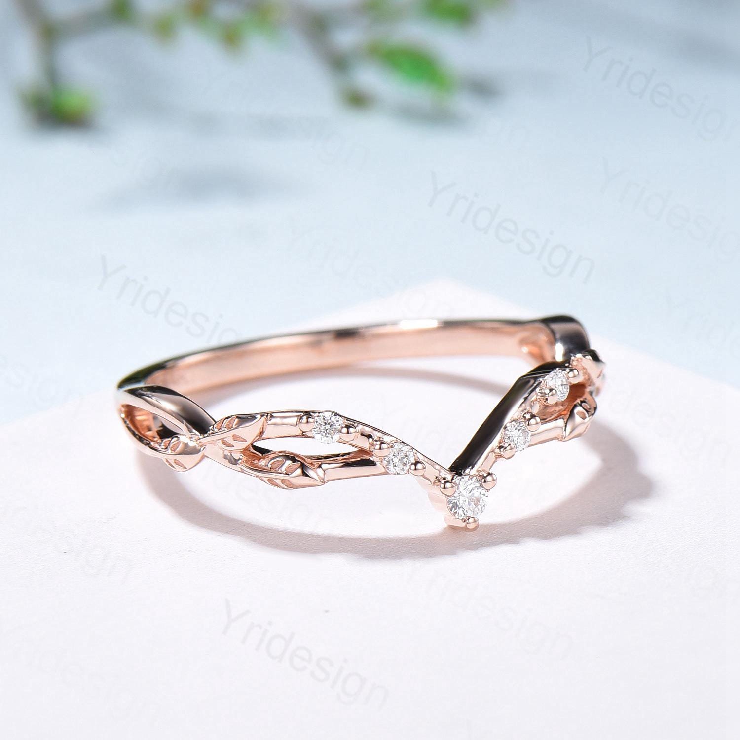 Rose Gold Diamond Curved Wedding Band Split Shank Moissanite Promise Ring Leaf Vine Stackable Matching Band Evil Eye Five Stone Wedding Ring - PENFINE