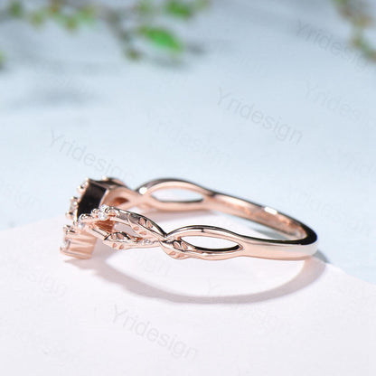 Rose Gold Diamond Curved Wedding Band Split Shank Moissanite Promise Ring Leaf Vine Stackable Matching Band Evil Eye Five Stone Wedding Ring - PENFINE
