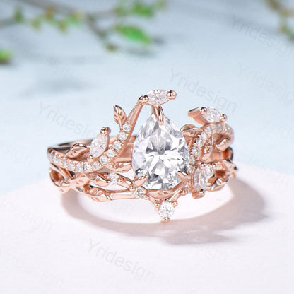 Vintage Pear Diamond Engagement Ring Set Nature Inspired Moissanite Wedding Ring Set 14k Rose Gold 2pcs Snake CVD Diamond Bridal Set Women - PENFINE