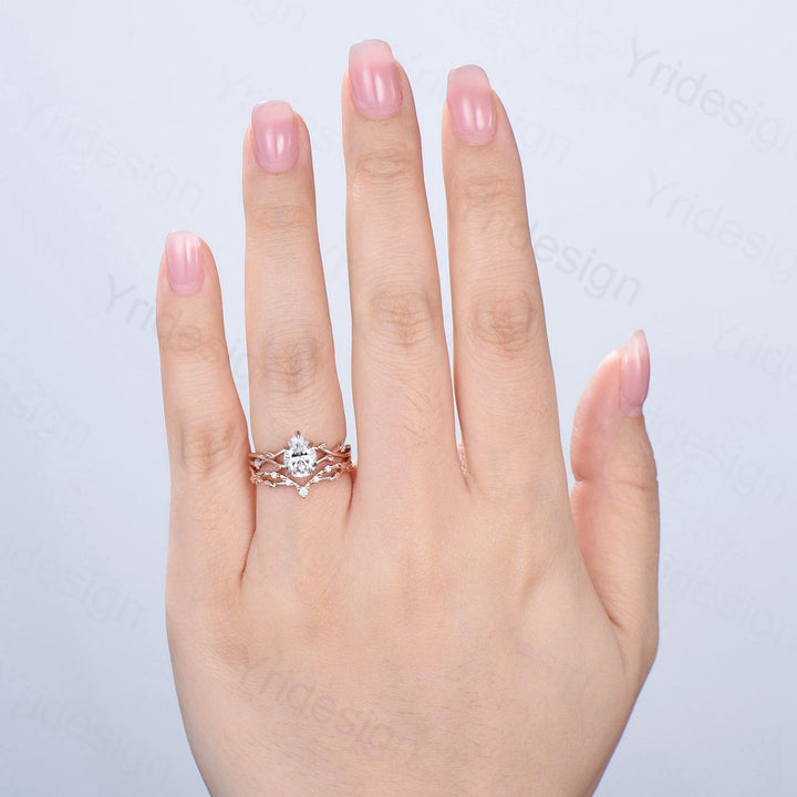 Vintage Pear Shaped Diamond Engagement Ring Set Unique 18K Rose Gold Moissanite Wedding Ring Set Nature Inspired Leafy Vine Anniversary Ring - PENFINE