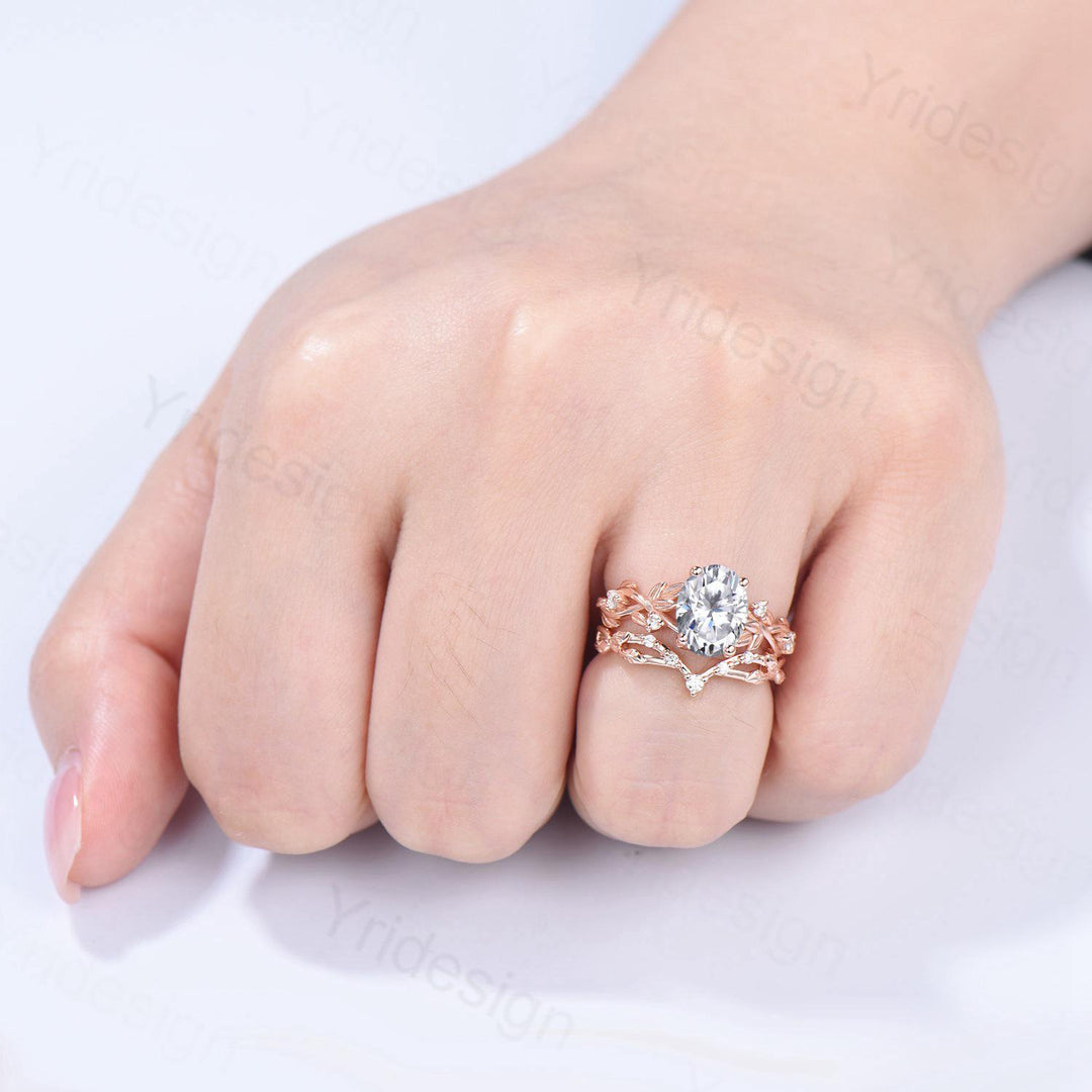 Nature Inspired Oval Diamond Engagement Ring Split  Shank CVD Diamond Bridal Ring Set Unique Leaf Vine Moissanite Wedding Ring Set for Her - PENFINE