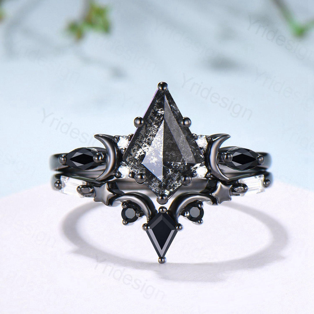 Unique kite cut salt and pepper diamond engagement ring set black gold moon and star bridal wedding set handmade anniversary promise gifts - PENFINE