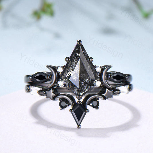 Unique kite cut salt and pepper diamond engagement ring set black gold moon and star bridal wedding set handmade anniversary promise gifts - PENFINE