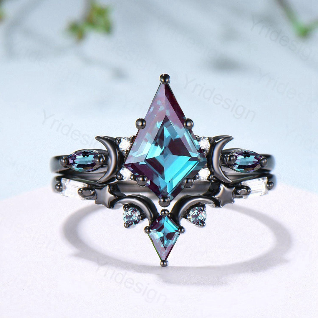 Black gold kite cut alexandrite engagement ring set Crescent moon star color change June birthstone ring unique gothic bridal ring set women - PENFINE