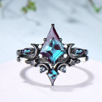 Black gold kite cut alexandrite engagement ring set Crescent moon star color change June birthstone ring unique gothic bridal ring set women - PENFINE