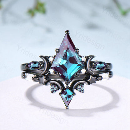 Black gold kite cut alexandrite engagement ring set Crescent moon star color change June birthstone ring unique gothic bridal ring set women - PENFINE