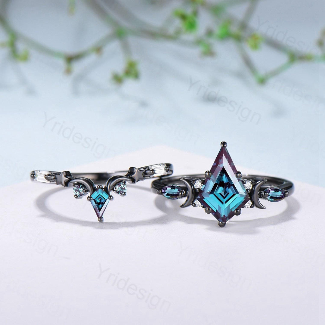 Black gold kite cut alexandrite engagement ring set Crescent moon star color change June birthstone ring unique gothic bridal ring set women - PENFINE