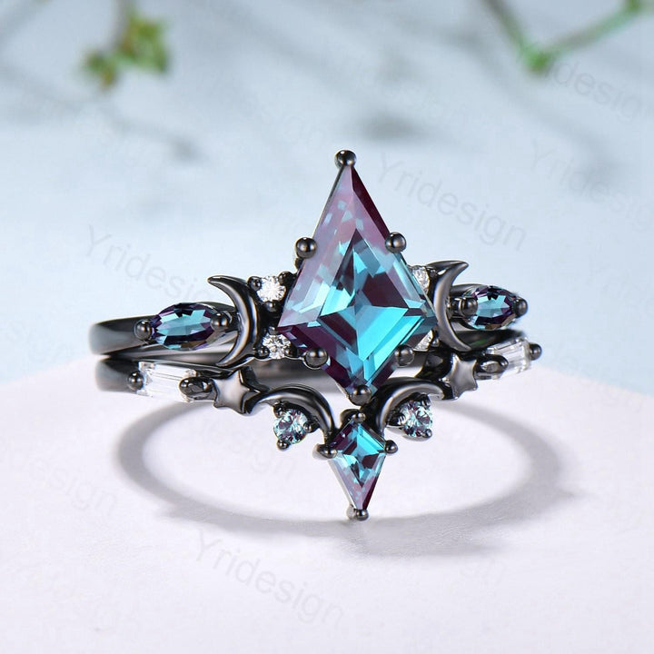 Black gold kite cut alexandrite engagement ring set Crescent moon star color change June birthstone ring unique gothic bridal ring set women - PENFINE