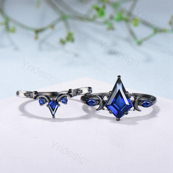 Unique black gold blue sapphire engagement ring set moon star kite cut sapphire wedding ring set elegant gothic anniversary bridal set women - PENFINE