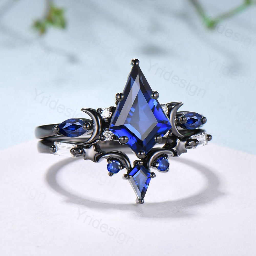 Unique black gold blue sapphire engagement ring set moon star kite cut sapphire wedding ring set elegant gothic anniversary bridal set women - PENFINE