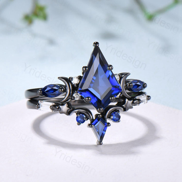 Unique black gold blue sapphire engagement ring set moon star kite cut sapphire wedding ring set elegant gothic anniversary bridal set women - PENFINE