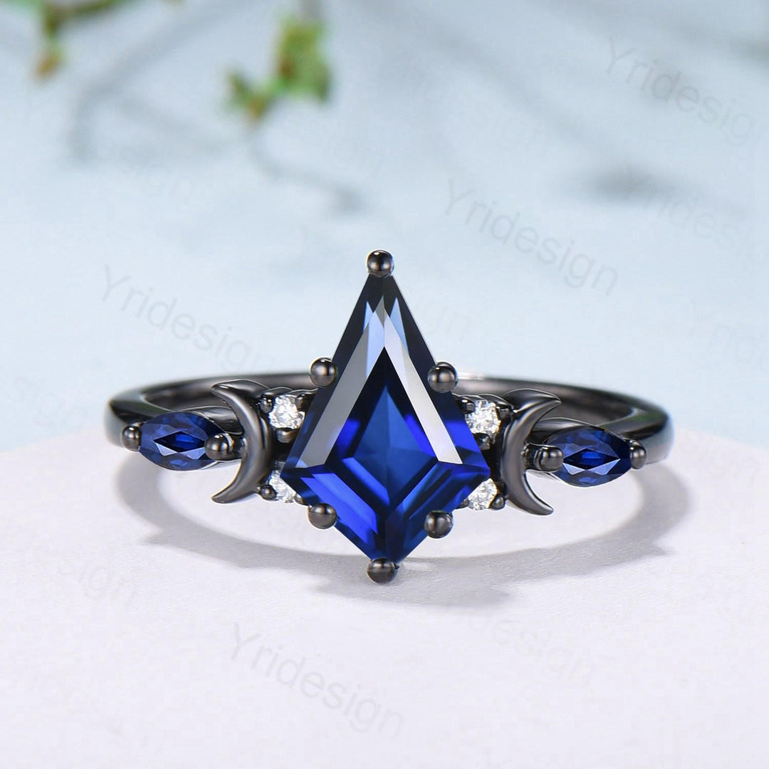 Unique black gold blue sapphire engagement ring set moon star kite cut sapphire wedding ring set elegant gothic anniversary bridal set women - PENFINE