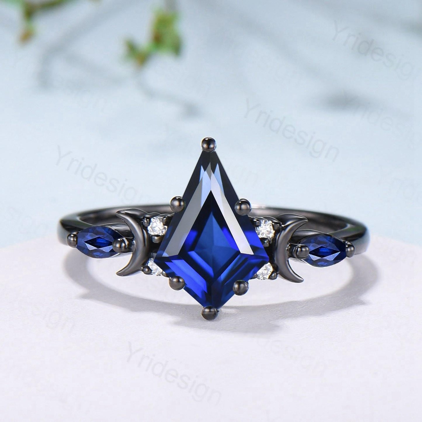 Unique black gold blue sapphire engagement ring set moon star kite cut sapphire wedding ring set elegant gothic anniversary bridal set women - PENFINE