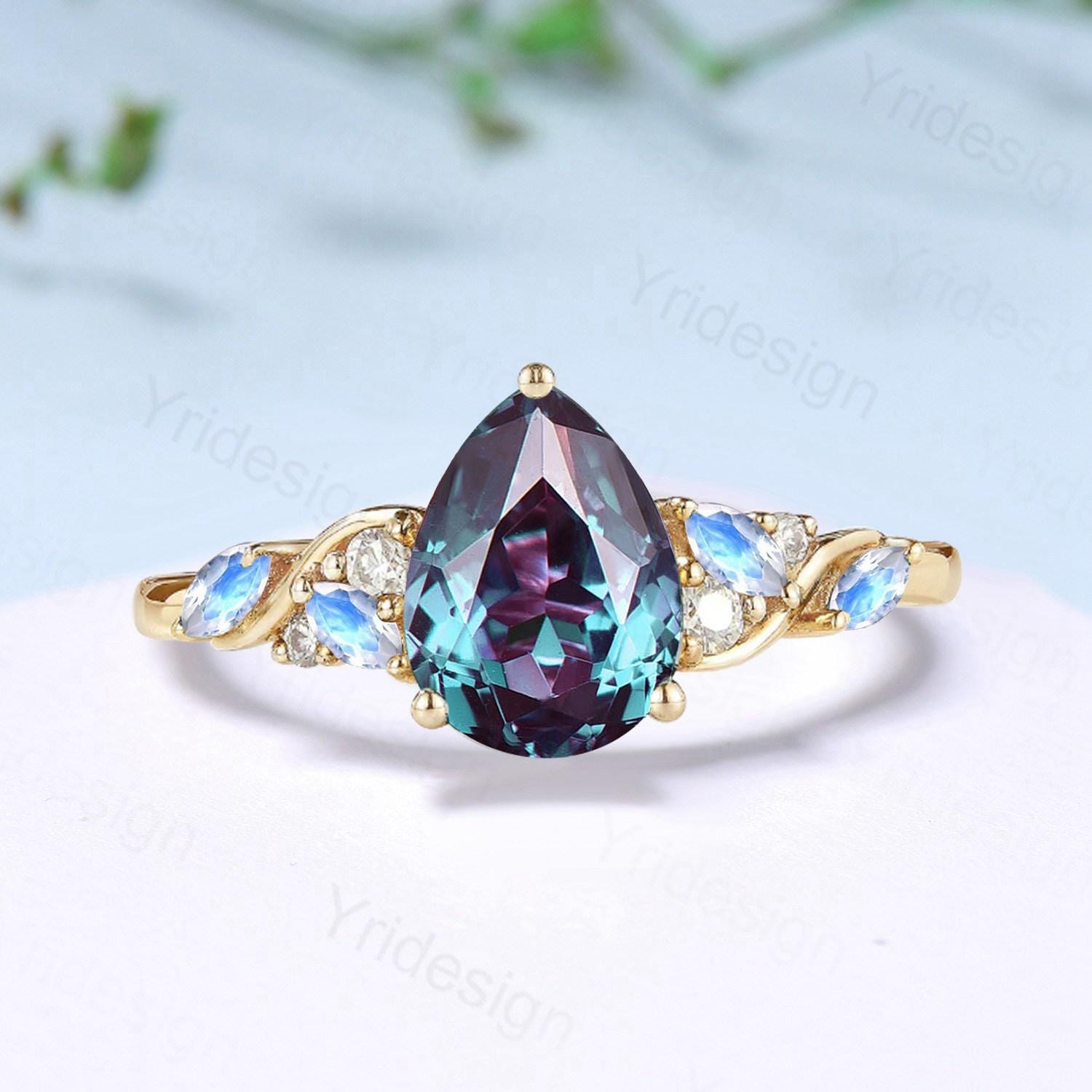 Vintage Pear shaped alexandrite engagement ring cluster marquise moonstone wedding ring June birthstone anniversary jewelry gifts for her - PENFINE