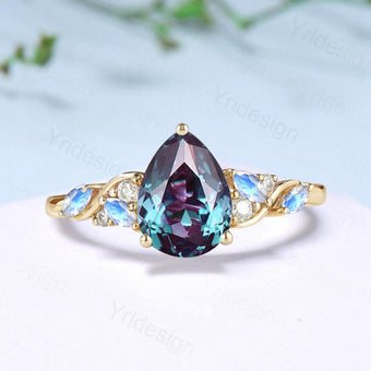 Vintage Pear shaped alexandrite engagement ring cluster marquise moonstone wedding ring June birthstone anniversary jewelry gifts for her - PENFINE