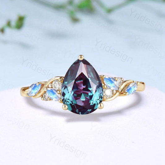 Vintage Pear shaped alexandrite engagement ring cluster marquise moonstone wedding ring June birthstone anniversary jewelry gifts for her - PENFINE