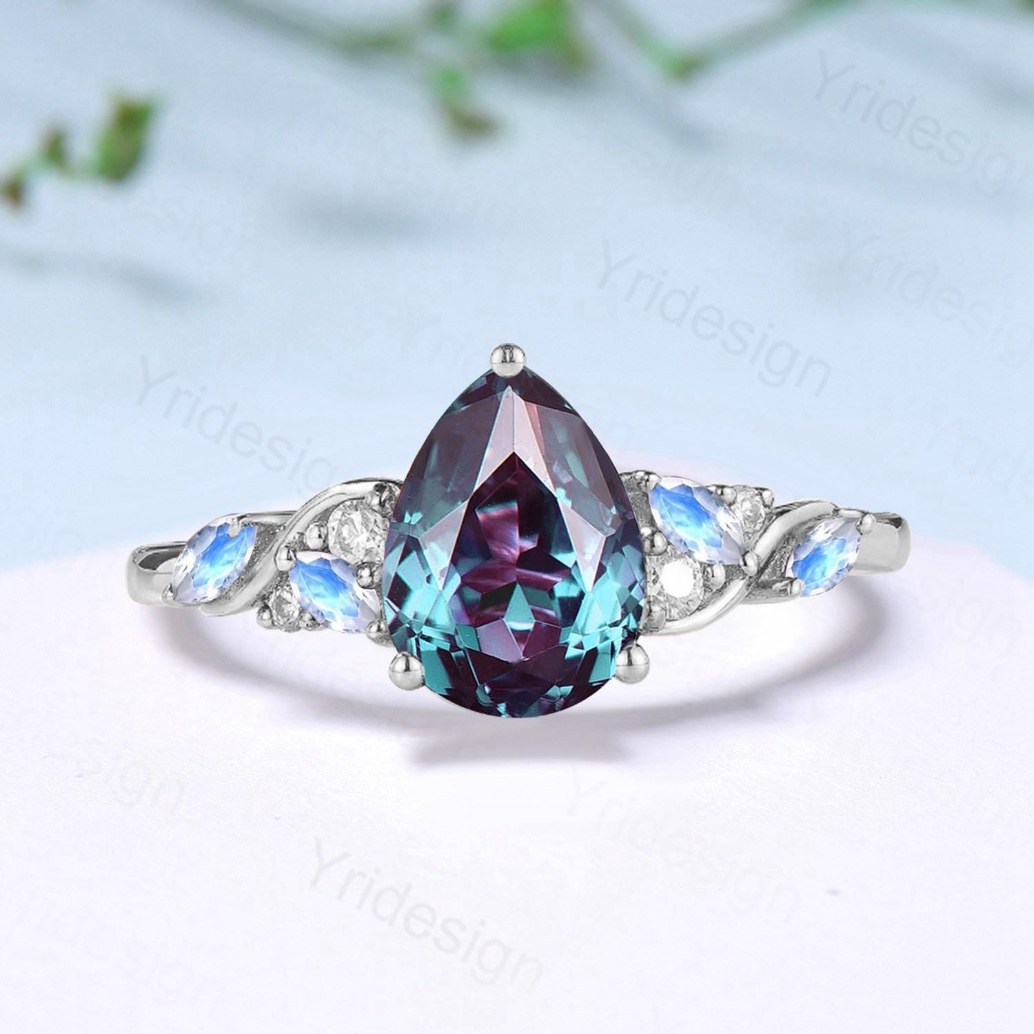 Vintage Pear shaped alexandrite engagement ring cluster marquise moonstone wedding ring June birthstone anniversary jewelry gifts for her - PENFINE