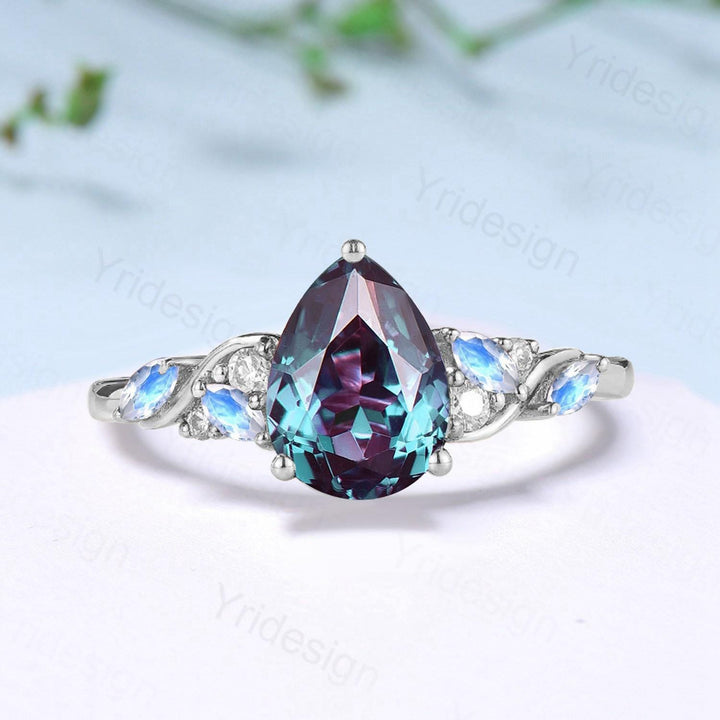 Vintage Pear shaped alexandrite engagement ring cluster marquise moonstone wedding ring June birthstone anniversary jewelry gifts for her - PENFINE