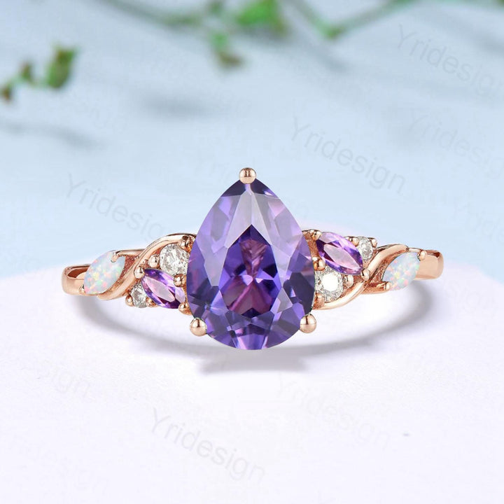 Vintage Pear Shaped Purple Sapphire Engagement Ring Unique Cluster Marquise Opal Amethyst Wedding Ring Her Purple Gemstone Anniversary Ring - PENFINE